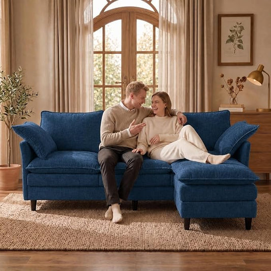 69 Inch Small Sofa Couch with Ottoman, L Shape Sectional Couch 3 Seats with Cloud 2 Layer Cushion, 22.8” Deep Seat, Washable Pillows for Small Spaces, Living Room, Apartment, Office, Chenille, Blue