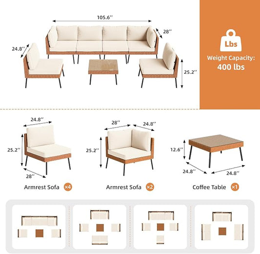 Aoxun 7-Piece Patio Furniture Set, Wicker Outdoor Furniture with Water Resistant Thick Cushions, Patio Conversation Set Outdoor Sectional Sofa with Coffee Table for Backyard Poolside, Beige