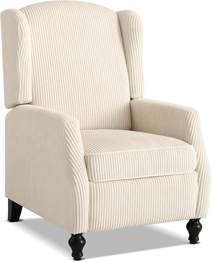 Wingback Recliner Chair, Tufted Corduroy Push Back Arm Chair for Living Room Vintage Recliner Chair with, Padded Cushion, Backrest, Wooden Legs (White)