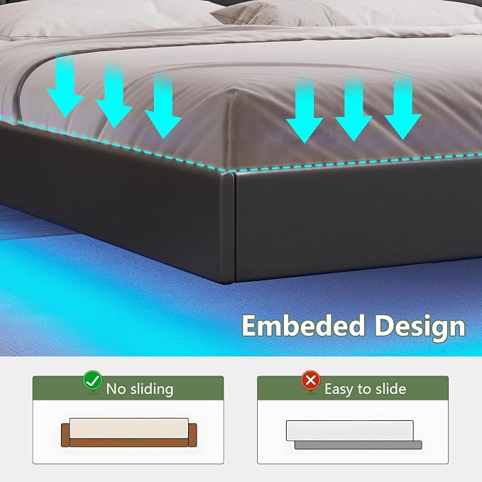 Dnxao Floating Bed Frame King with Storage Headboard & LED Lights, PU Black | Charging Station & Open Shelves, Hidden Storage PU Upholstered Headboard, No Box Spring Needed, Noise-Free, Easy Assembly