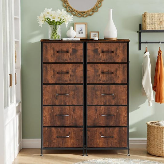 5 Drawers Dresser for Bedroom, Fabric Storage Tower Organizer with Wooden Top and Steel Frame, Tall Chest of Drawers for Closet, Entryway, Dorm, Brown