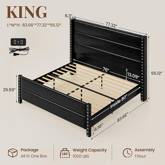 King Size Bed Frame with Storage Shelf & Charging Station, 55" Tall Headboard & 25.6" Footboard, Faux Leather Upholstered Platform Bed with Big Rivets Wingback, Heavy Duty & Noise-Free, Black