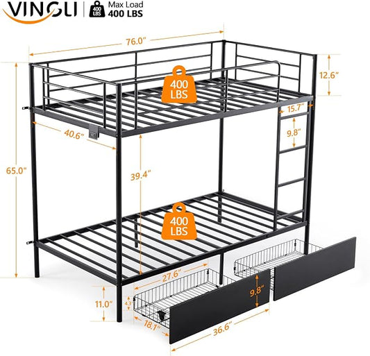 Karl home Metal Bunk Bed Twin Over Twin with 2 Storage Drawers, with USB Charging Station and LED Lighted, Safety Guardrail & Ladder, Easy Assembly, Space Saving, No Noise, No Box Spring Needed, Black
