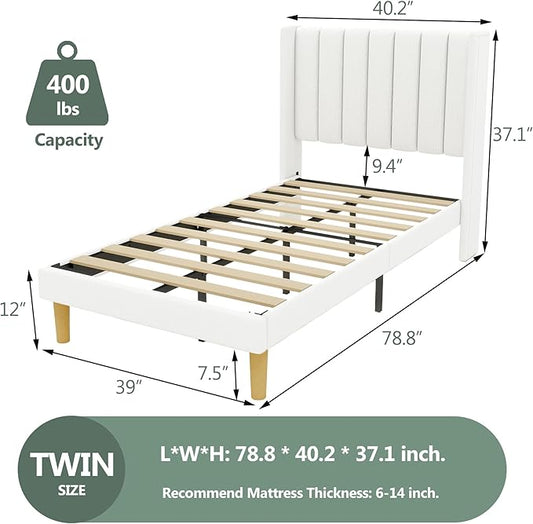 alazyhome Platform Bed Frame Twin Size with Upholstered Headboard, Solid Wood Slats Support, No Box Spring Needed, Noise Free, Easy Assembly, Modern Fabric Bed, White