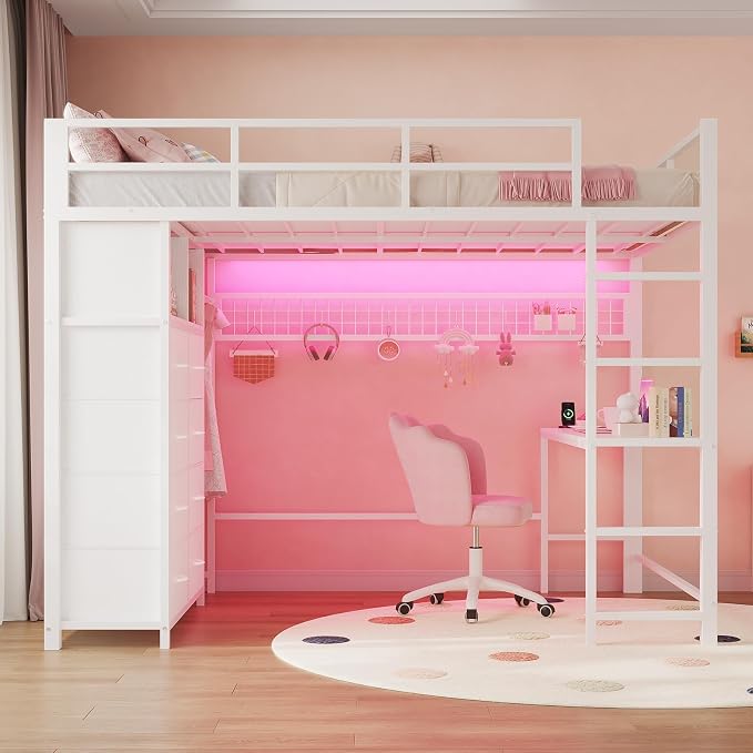 ADORNEVE Loft Bed Full Size with Desk and 8 Storage Drawers, LED Metal Loft Bed with Power Outlet, 2 Shelves & Clothing Rack, Bed with Safety Guardrail & Ladder,Space-Saving, White