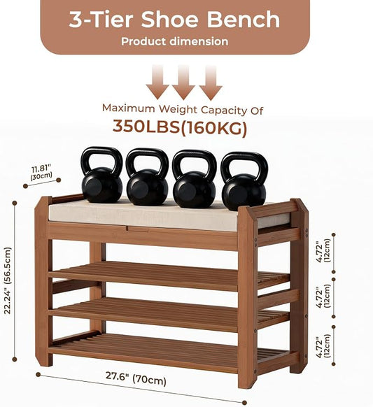 27.6" Bamboo Shoe Bench with Cushion, 3-Tier Adjustable Storage Bench for Entryway, Heavy Duty Shoe Rack Organizer with Removable Soft Cushion for Living Room Bedroom Hallway