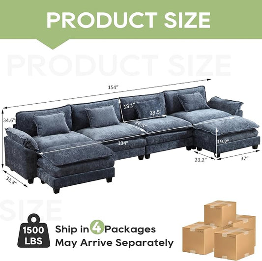 Oprisen 154" Modular Sectional Sofa, Comfy Cloud Couch Sectional Sofa with Ottoman, Chenille Sofa Sleeper Deep Seat Sofa with Throw Pillows for Living Room (Blue, 154"- U Shape)