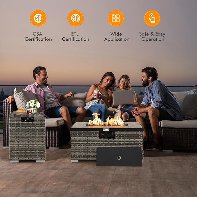 Tangkula 2 Piece Outdoor Propane Fire Pit Table Set with Hideaway Propane Tank Holder, 40,000 BTU Rattan Wicker Fire Pit Table with Lava Rocks, Waterproof Cover, Ideal for Backyard, Patio (Mix Grey)