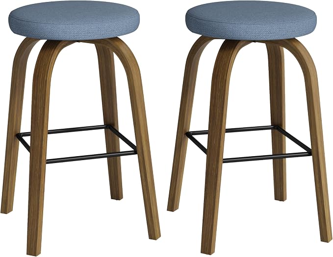Bar Stools Set of 2, Counter Height Backless Bar Stools, 30" Swivel Barstools Kitchen Chair with Upholstered Fabric Seat, Blue