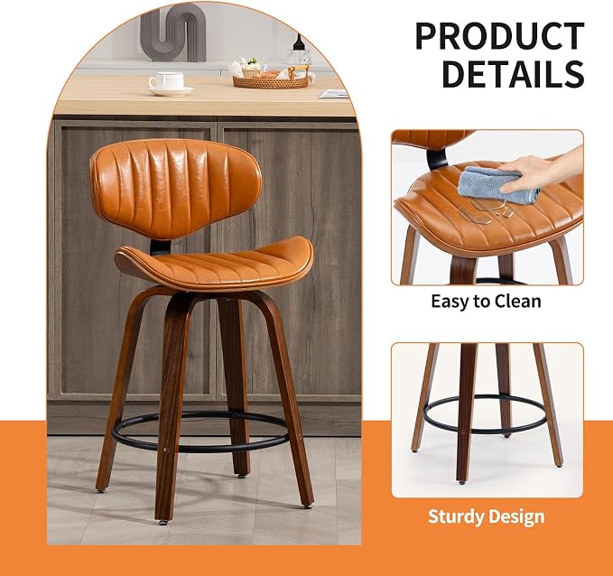 Swivel Bar Stools, 24 inch PU Leather Wooden Bentwood Barstools Counter Height Modern Breakfast Bar Chairs with Backrest and Footrest for Kitchen Island, Dining Room, Bar D035-Brown-1