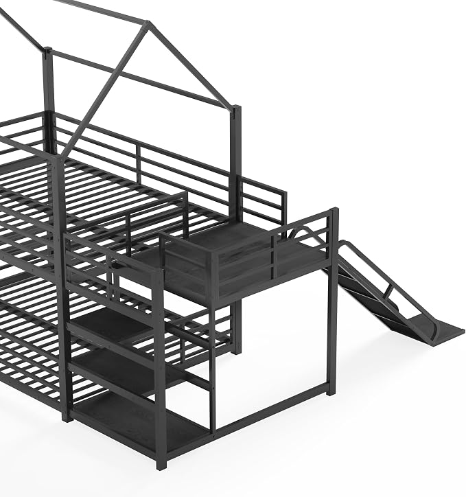 Harper & Bright Designs Floor Bunk Bed Full Over Full with Storage Stairs and Slide, Metal House Bunk Bed with Full Length Guardrails, No Box Spring Required, Noise Free, Space Saving, Black