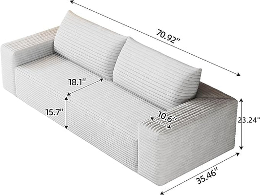 JINGLING 71" Small Couches for Small Spaces, Memory Foam Loveseat Corduroy Couch in a Box, Compressed Boneless Sofa for Living Room Bedroom, Apartment Furniture, No Assembly Required, White
