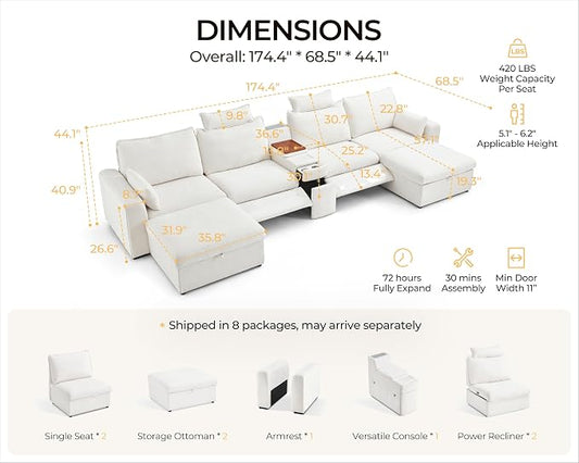174.4'' Oversized Modular Power Recliner Sofa with Headrest, Deep Cloud Couch with Table, Charging Cup Holders, Convertible U-Shaped 6-Seater Sectional with 2 Storage Ottomans, Chenille, White