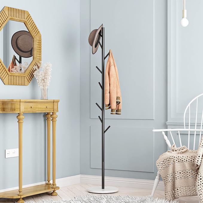 DOORXIFO Black Metal Coat Rack, Freestanding with Hooks, Entryway Coat Rack Stand, Coat Racks with Marble Base, Coat Tree for Hanging Clothes, Hats, Bags
