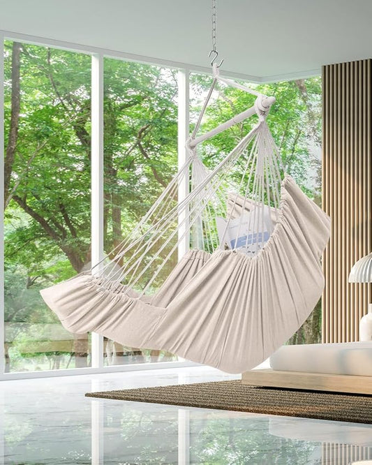 ADVOKAIR Hanging Hammock Chair Large Swing Chair with Foot Rest and Hardware,Max 500lbs,Steel Spread Bar with Anti Slips, 2 Cushions and Side Pocket,Indoor/Outdoor Use…