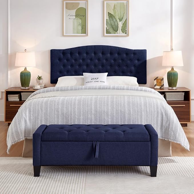 24KF Upholstered Tufted Button Wall Mounted Linen Headboard,Comfortable Fashional Headboard Queen/Full Size,6055-Q-Navy Blue