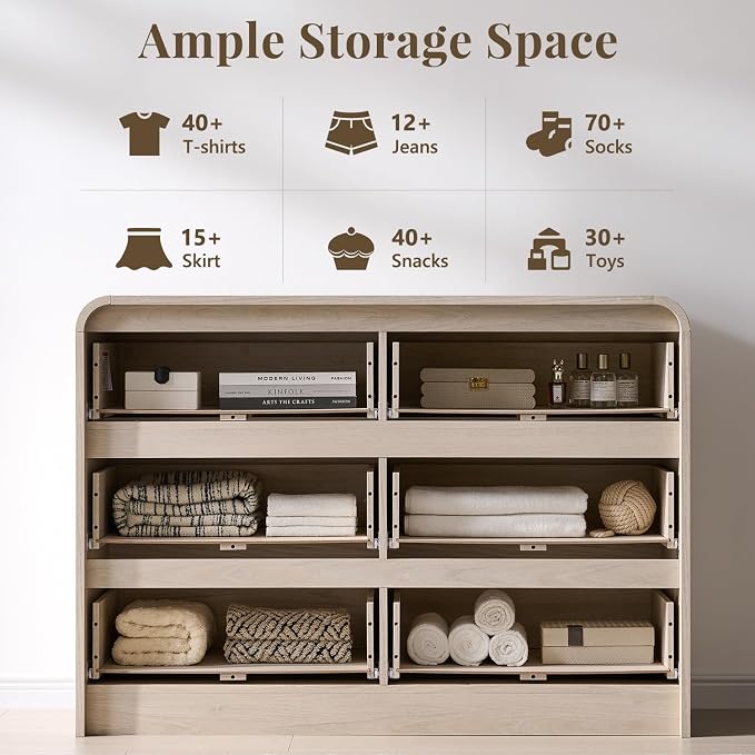 Aitjunz Modern 6 Drawers Dresser for Bedroom, 47" Wide Wood Dressers, Cream | Wooden Dressers & Chests of Drawers w/Curved Profile Design, Mid Century Dresser w/Handleless Design for Bedroom, Living Room