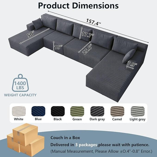 Flexible Combination Cloud Sectional Boneless Couches with Double Chaise,157" Oversized U Shaped Modular Sofa No Assembly Required Foam-Filled Deep Seat Sofa & Couch for Living Room,Apartment