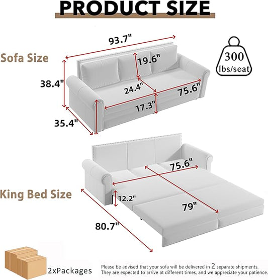 93.7" King Pull Out Sofa Bed, Velvet Sleeper Sofa Couch, 3 in 1 Convertible Futon Couches for Living Room, Small Space, Apartment, Office, Bedroom, Modern Rivet Armrest, Blue