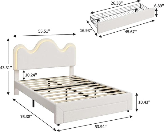 IDEALHOUSE Full Bed Frame with LED Headboard and Under-Bed Drawer, Metal Upholstered Platform Bed with LED Light for Kids, Girls, Lamb Fleece Fabric, Wooden Slats Support, No Box Spring Needed, White