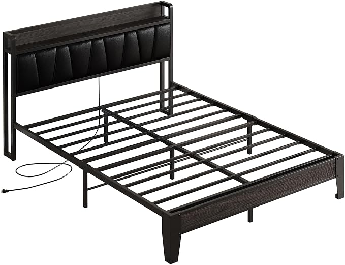LIKIMIO Queen Bed Frames, PU Leather Storage Headboard with Charging Station, Solid and Stable, Noise Free, No Box Spring Needed, Easy Assembly, Black