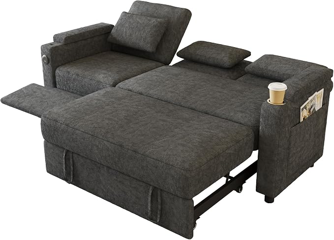 83" Recliner Sofa Bed, 3-in-1 Chenille Sleeper Sofa, Pull Out Couch Adjustable Backrest, USB, Side Pocket, Table, Cup Holder, Cloud Couch for Living Room, Apartment, Small Space, Dark Gray