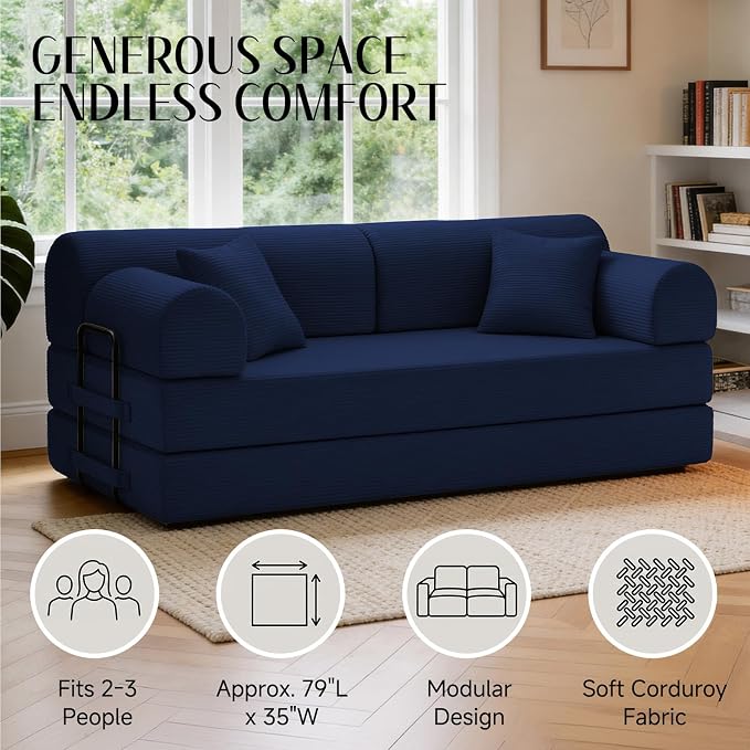 79'' Convertible Sofa Bed, 6 in 1 Folding Floor Futon Couch Sleeper with Fixed Frame, Corduroy Modular Sofa Bed with Removable Armrests & Pillows, No Assembly for Living Room Bedroom (Navy Blue)