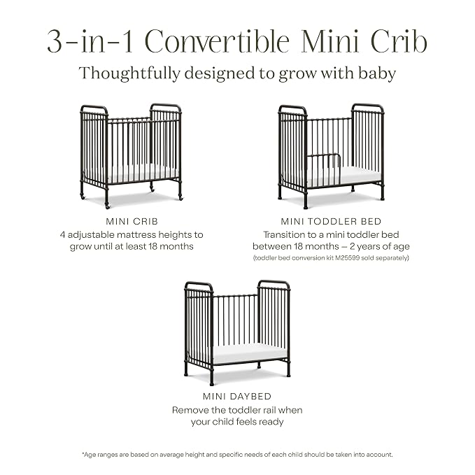 Namesake Abigail 3-in-1 Portable Baby Crib with Wheels - GREENGUARD Gold Certified Convertible Crib to Toddler Bed & Daybed - Metal Baby Bed w/ 4 Adjustable Mattress Heights, for Small Spaces - Iron