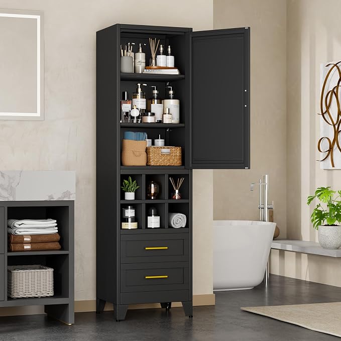 Metal Tall Narrow Storage Cabinet, Freestanding Floor Cabinet with Drawers and Adjustable Shelves, Pantry Storage Cabinet for Bathroom, Living Room, Entryway and Kitchen