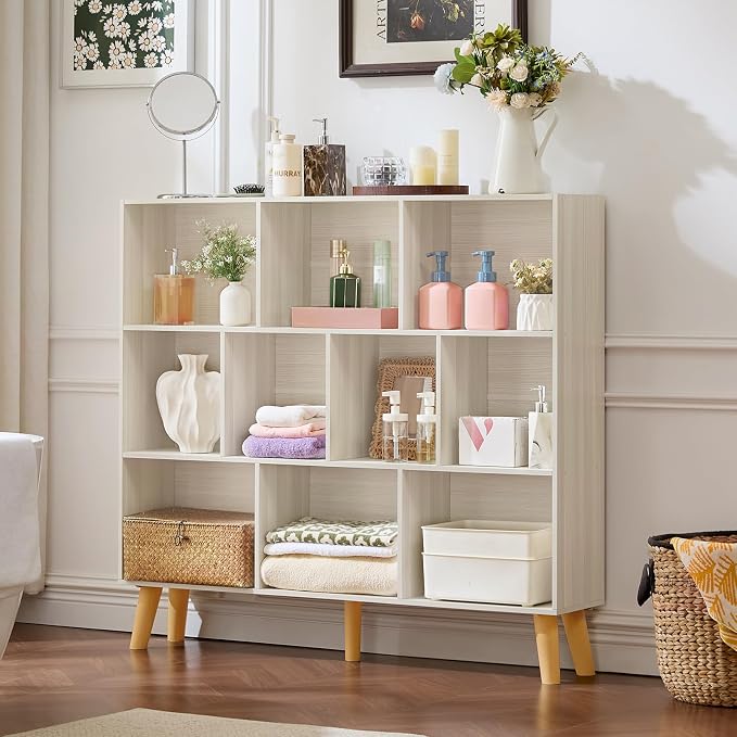 LEYAOYAO 10 Cube Bookshelf,3 Tier Modern Wide Bookcase with Legs,Mid-Century Wood Bookshelves Storage,Light Grey White Large Book Case,Freestanding Organizer Display Shelf for Living Room,Office