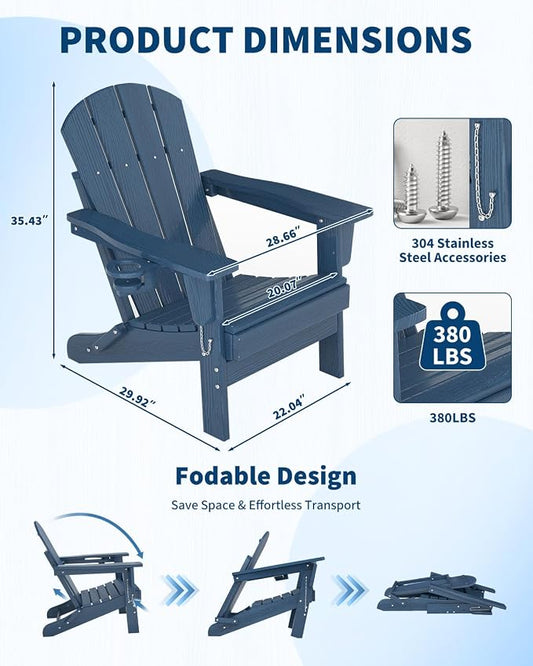 GarveeLife Folding Adirondack Chair Set of 4 with 2 Side Table, All-Weather HDPE Outdoor Chair, Wooden Textured with Cup Holder for patios, Decks, Gardens, fire pits, Navy Blue
