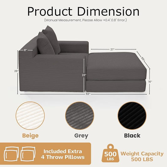 cidludto Convertible Futon Sofa Bed with Ottoman, 5 in 1 Folding Couch Bed Loveseat, Corduroy Boneless Couch with Deep Seat for Living Room Chaise Lounge Chair Indoor, No Assembly Required, Grey