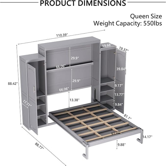 Merax Queen Size Wood Murphy Bed, with 2 Wardrobe and Storage Shelf, Multifunctional Foldable Wall Platform Bedframe for Guest-Room, Bedroom, Gray