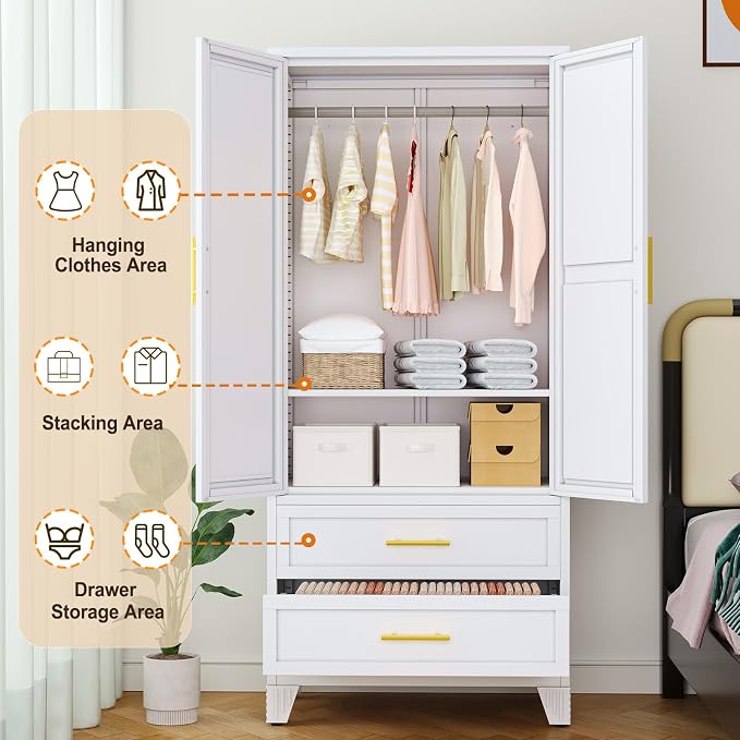 Metal Wardrobe Storage Cabinet with Mirror and Hanging Rod,71'' Metal Clothing Cabinet with 2 Doors and 2 Drawers and Adjustable Shelves for Bedroom, Laundry Room, Cloak Room (White)