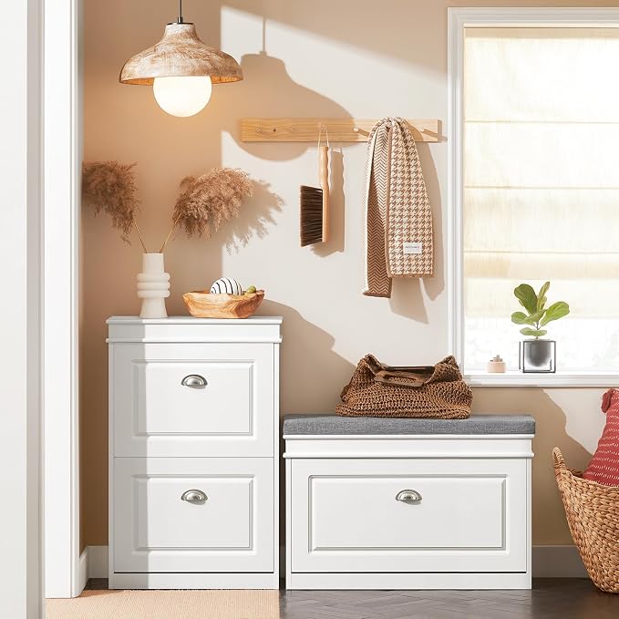 SoBuy Small Shoe Storage Bench, Narrow Shoe Cabinet for Entryway, Shoe Rack with Cushion&2 Tiers Flip-Drawer, Closet Hallway Mudroom White FSR82-L-W | Narrow shoe storage cabinet with 2-tier rack & 2 adjustable height shelves for small spaces, white, 7...