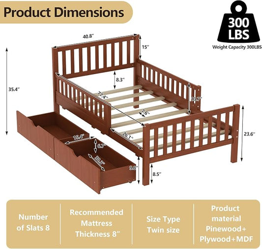 Bellemave Kids Twin Bed Frame with Fences and 2 Drawers, Twin Size Wooden Platform Bed with Guardrails on Both Sides for Boys Girls, Walnut