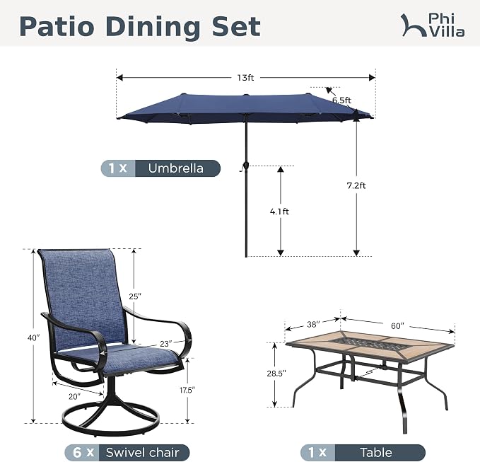 PHI VILLA Patio Dining Set with Umbrella for 6 Person, Outdoor Swivel Dining Chairs & 1 Large Wooden-Like Top Table with 13ft Navy Blue Outdoor Umbrella(No Base) for Deck Lawn Garden Backyard