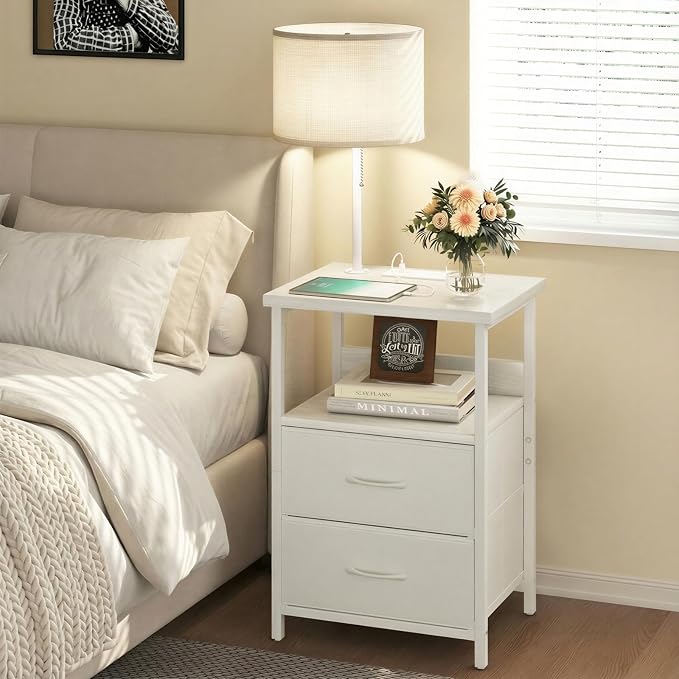 Fixwal Night Stand with 3 Color Temperature Bulb Attached, Nightstand with Light & Charging Station End Table with Fabric Drawer for Bedroom, Dorm, White
