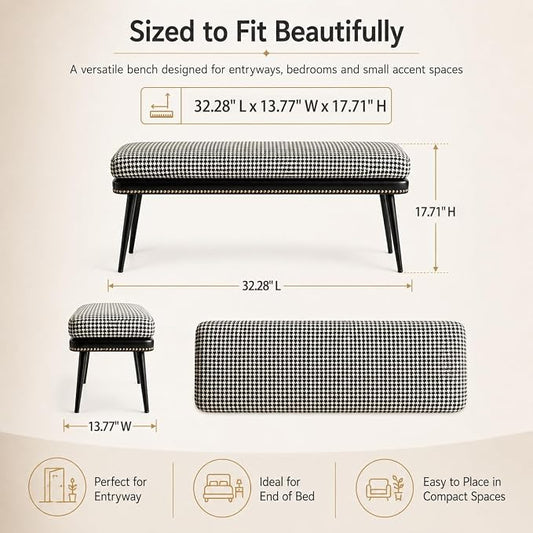 Forteek 32" Retro Upholstered Entryway Bench, Shoe Bench with Cushion | Leather & Fabric Padded Bench, End of Bed Bench for Bedroom, Dining Bench for Living Room, Storage Bench for Hallway & Foyer