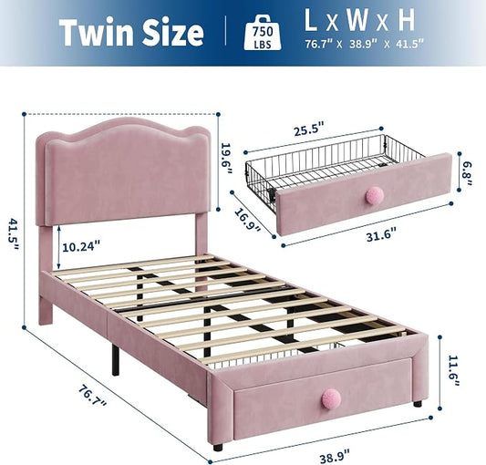 GarveeHome Upholstered Twin Bed Frame with Storage Drawer & Scallop Headboard, Princess Twin Size Platform Bed Frames for Kids Girls, Wooden Slats Support, No Box Spring Needed, Pink