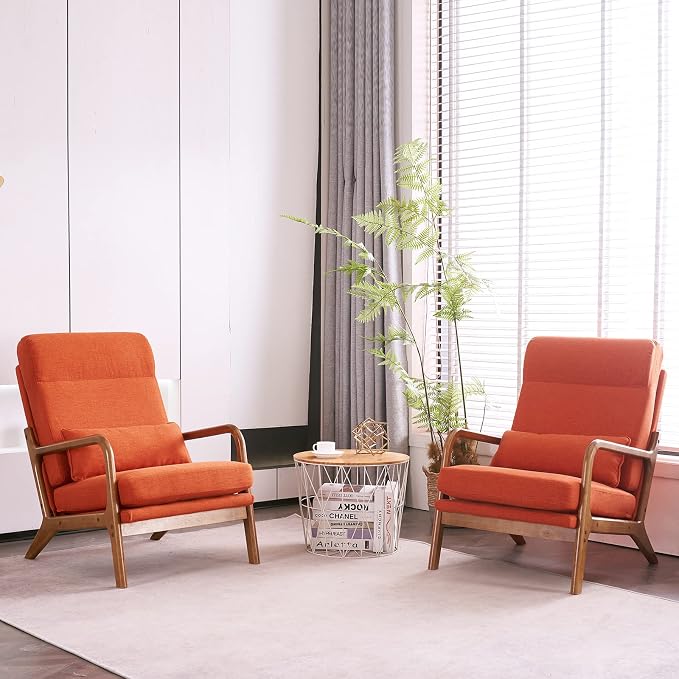 Karl home Accent Chair High Back Mid-Century Modern, Burnt Orange | Linen Fabric Upholstered, Walnut Color Solid Rubber Wood Frame, Soft Cushion with Pillow, For Living Room, Bedroom, Balcony