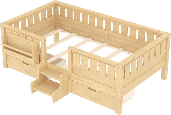 Bellemave Twin Floor Bed with Stairs, Rails and Slats, Twin Size Montessori Floor Bed with Bookshelf and 2 Storage Drawers, Easy Assemble Montessori Beds Frame for Girls, Boys, Light Natural