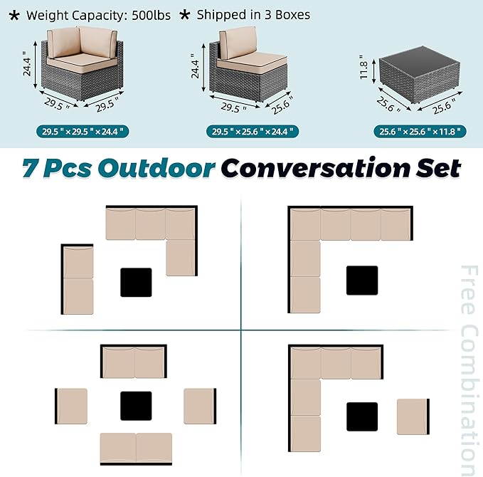 SUNLEI 7pcs Patio Conversation Sets Outdoor Furniture Sets, High Back All-Weather Rattan Sectional Sofa with Tea Table&Washable Couch Cushions(Silver Rattan)(Khaki)