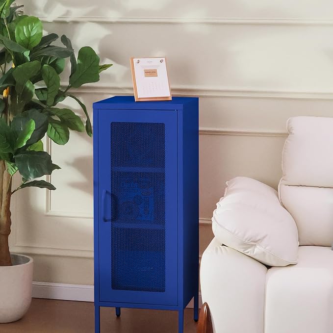 Slim Metal Storage Cabinet with Mesh Doors - 42'' Tall Narrow Organizer Tower, Compact Freestanding Cabinet, Versatile Utility Storage for Home, Office, Kitchen, Living Room, Durable and Modern Design