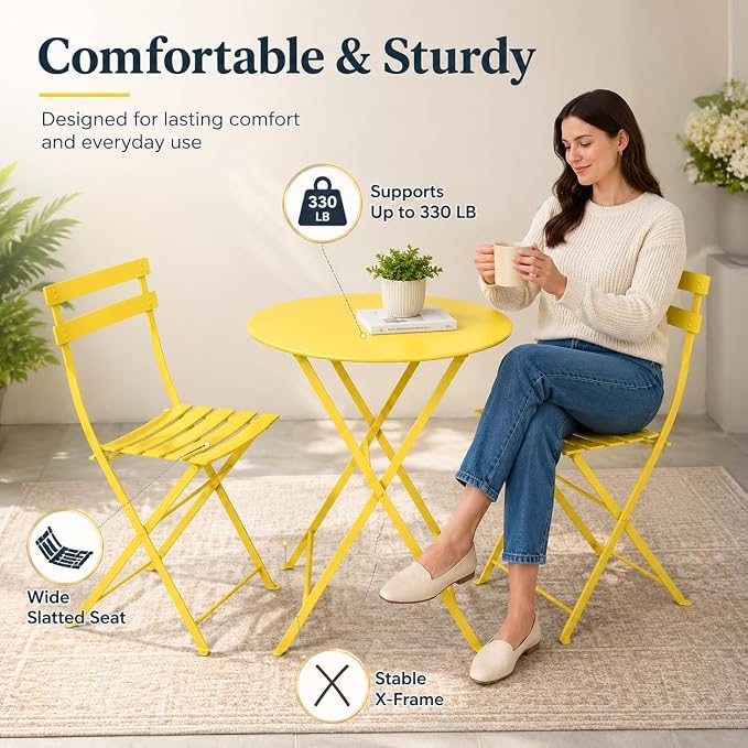 Small 3 Piece Patio Set, Bistro Table and Chairs Set of 2, Outdoor Folding Coffee Table, Outdoor Patio Furniture Set for Balcony, Yard, Garden, Yellow (Yellow)