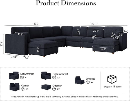 Oversized Modular Sectional Sofa U-Shaped Cloud Couches Blue | Large Deep Seat Couch for Living Room, 9 Seater Luxury Corner Sofa with Ottoman, Solid Wood Frame, Removable Washable Cover
