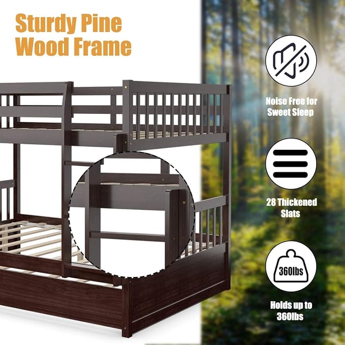NAFORT Twin Over Twin Bunk Bed with Trundle, Solid Wood Bed Frame with Ladder & Safety Guardrails, Space Saving Bunk Bed for Kids Teens Adults Guest Room, Convertible Design, Espresso