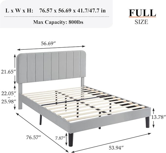 VECELO Full Size Bed Frame with Upholstered Headboard, Velvet Platform Bedframe Mattress Foundation, Strong Wood Slat Support, No Box Spring Needed,Light Grey