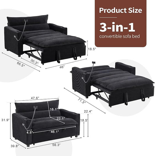 HAOMARKETS 3-in-1 Convertible Loveseat Sleeper Sofa Bed, 2-Seat Pull Out Couch with Cup Holders, Phone Holder and USB Ports, Corduroy 3-Level Adjustable Backrest Couches for Living Room, Black