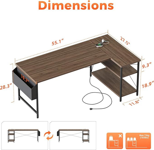 Mericonia Small L Shaped Computer Desk with Power Outlets, Reversible Gaming Desk with Storage Shelves, Corner Gamer Desk Table, Study Writing Table